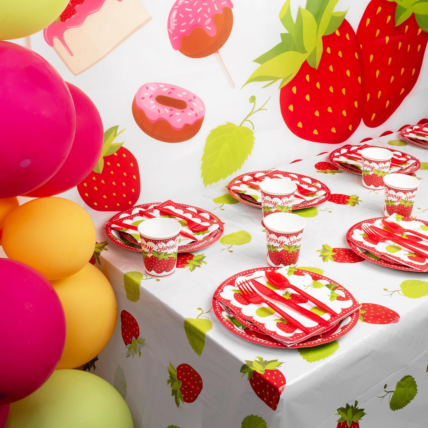 All-in-One 357 Pc Strawberry Party Decorations (Serves 24) Strawberry Party Supplies with Plates, Cups, Napkins, Tablecloth, Balloons, Cake and Cupcake Topper and More Shortcake Birthday Decorations