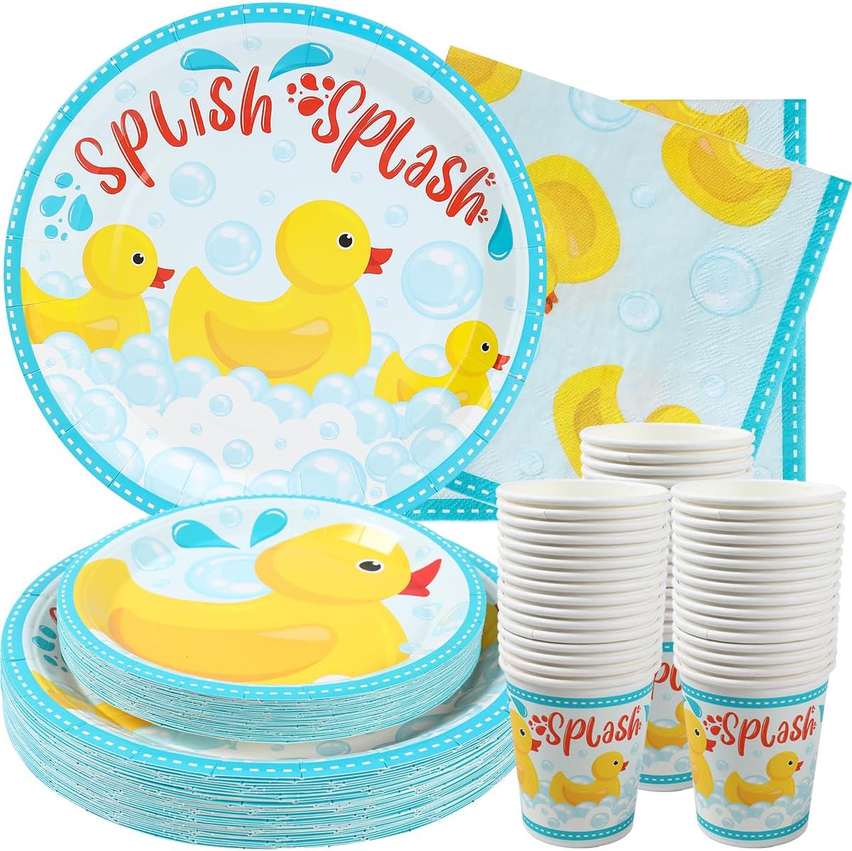 Rubber Duck Birthday and Baby Shower Plates, Cups and Napkins (Serves 24)