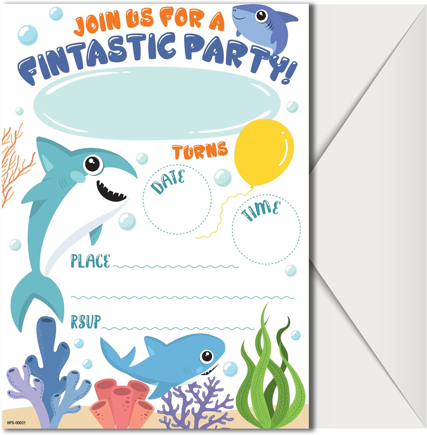 Shark Party Invitations with Envelopes - (Pack of 20)