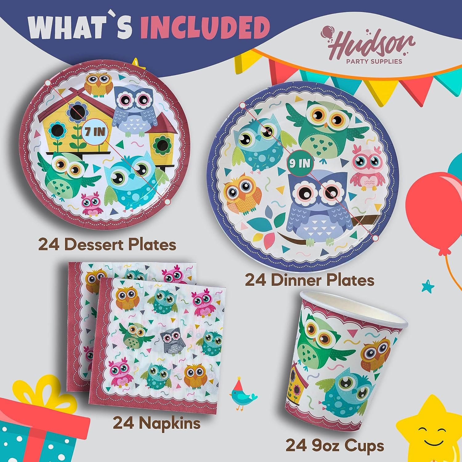 Patchwork Owl Birthday Plates, Cups and Napkins (Serves 24)
