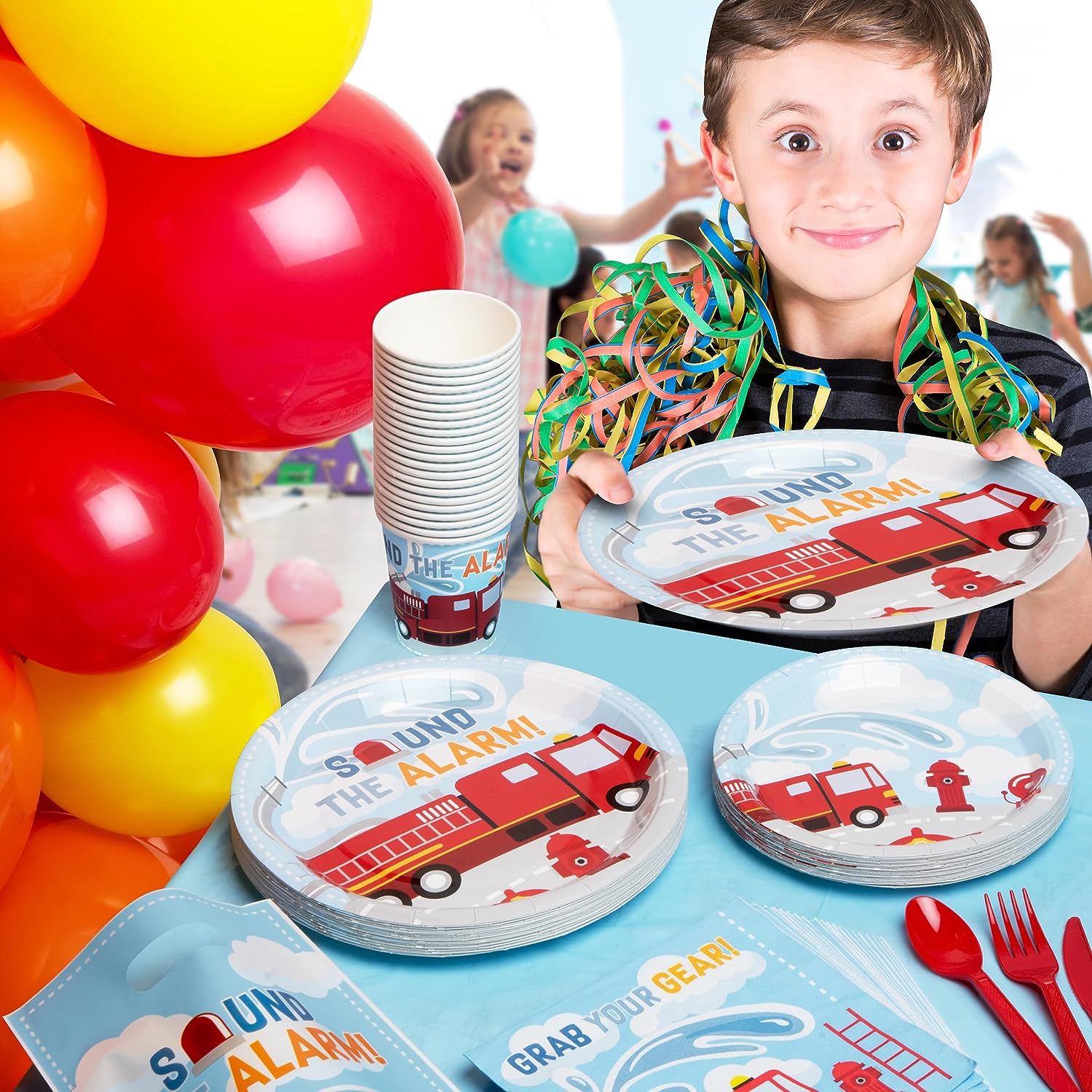 All-In-One 357 Pc Fire Truck Birthday Party Supplies (Serves 24) Firetruck Birthday Decorations with Plates, Cups, Napkins, Tablecloth, Balloons, Cake Topper and More Firefighter Decorations