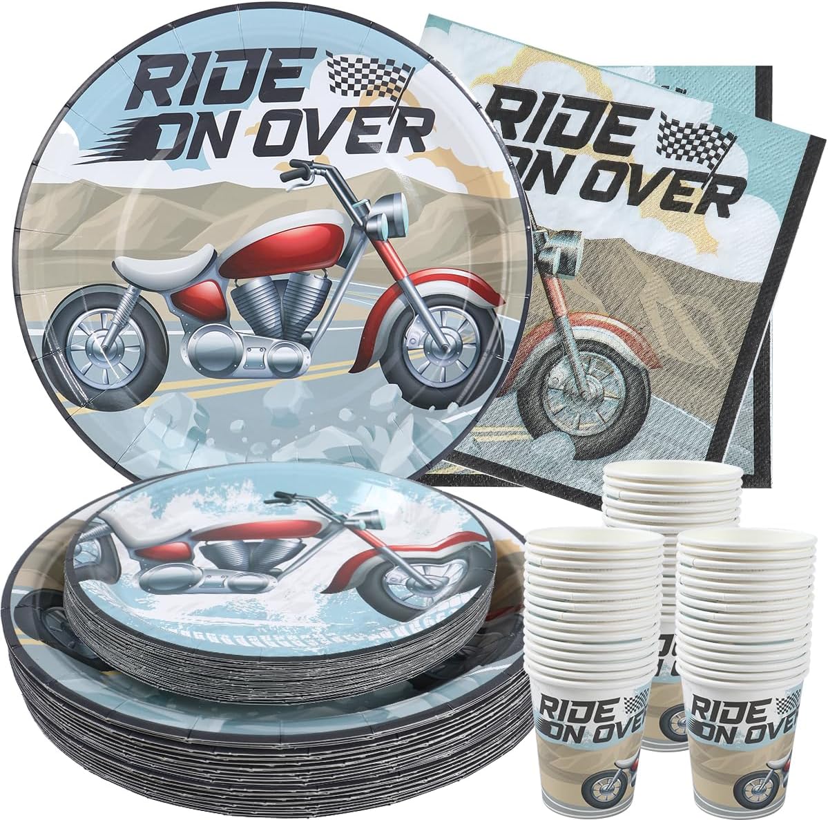 Motorcycle Birthday Plates, Cups and Napkins (Serves 24)