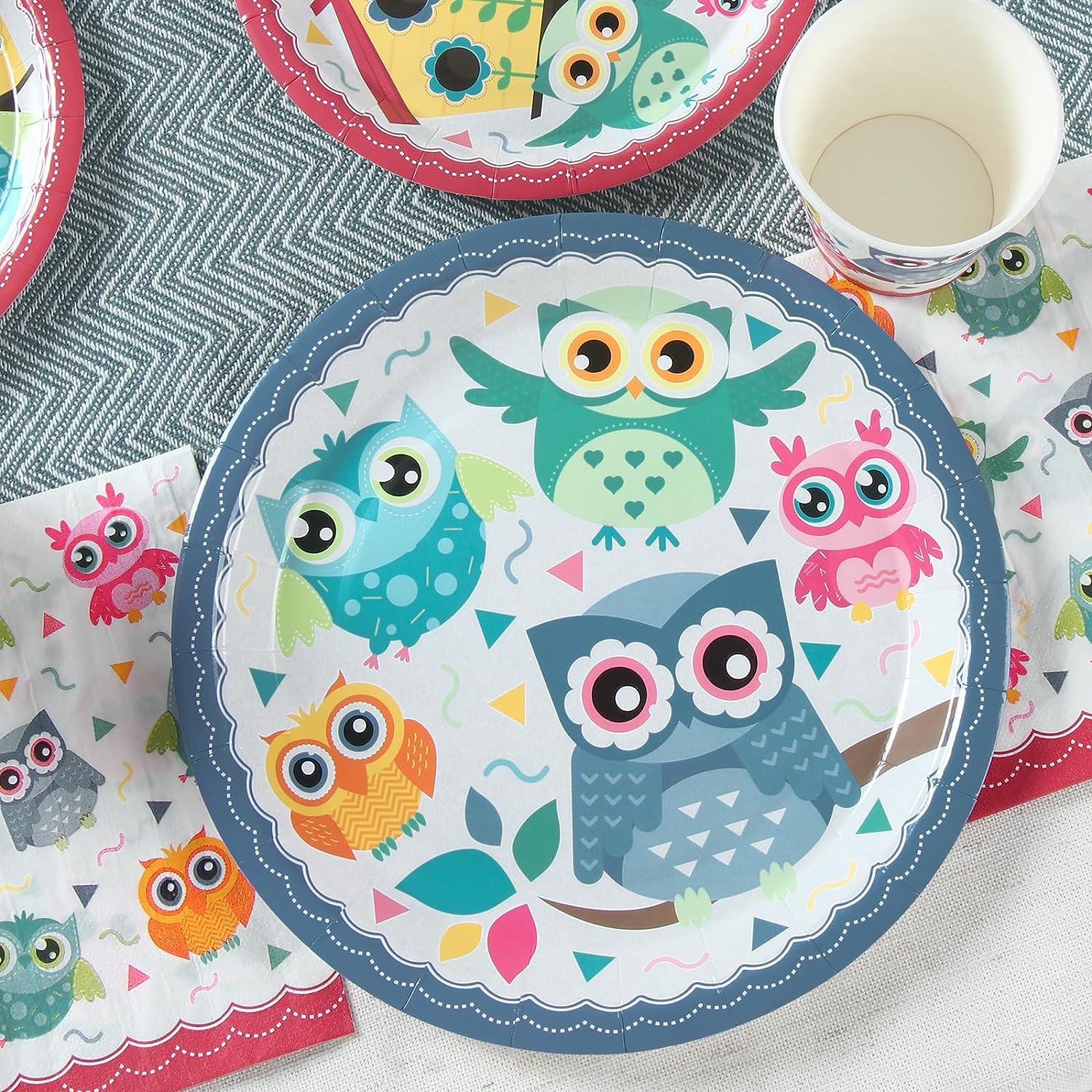 Patchwork Owl Birthday Plates, Cups and Napkins (Serves 24)
