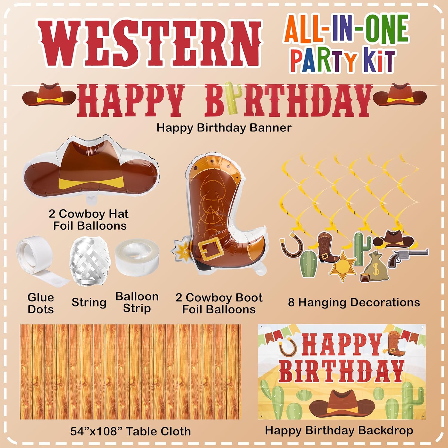 All-in-One 357 Pc Western Party Decorations (Serves 24) Rodeo Party Supplies with Plates, Cups, Napkins, Tablecloth, Balloons, Cake and Cupcake Topper and More Cowboy Birthday Decorations