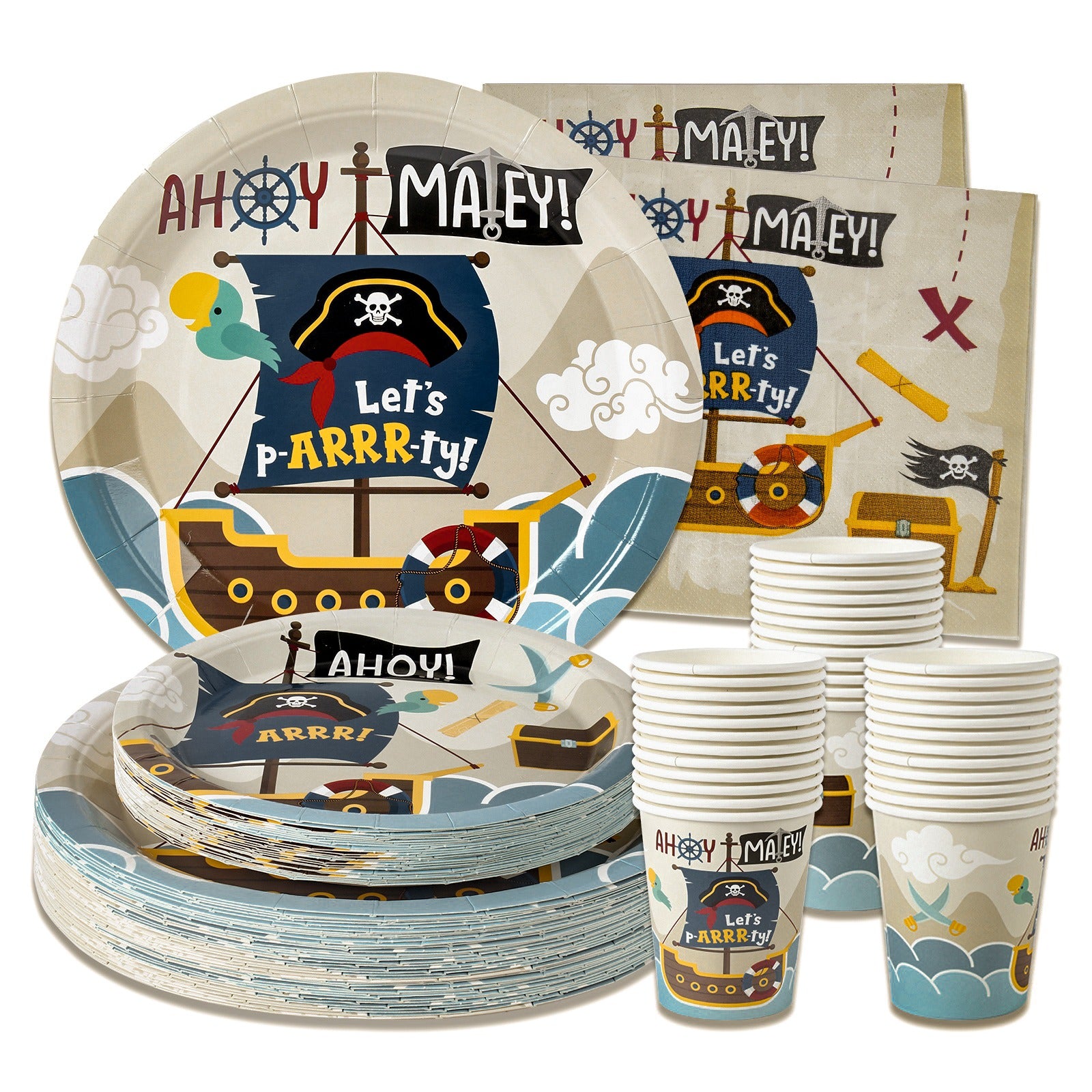 Pirate Birthday Plates, Cups and Napkins (Serves 24)