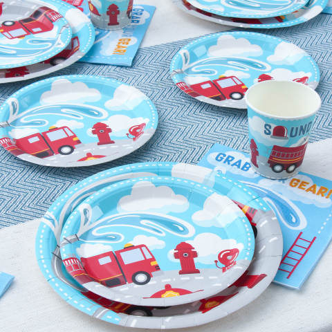 Firetruck Birthday Plates, Cups and Napkins (Serves 24)