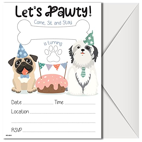 Pug Birthday Party Invitations with Envelopes - (Pack of 20)