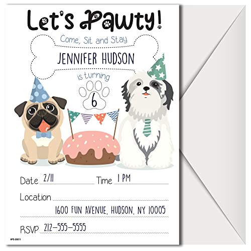 Pug Birthday Party Invitations with Envelopes - (Pack of 20)