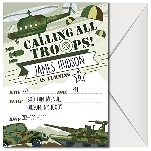 Army Party Invitations with Envelopes - (Pack of 20)