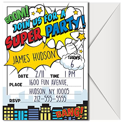 Superhero Birthday Party Invitations with Envelopes - (Pack of 20)