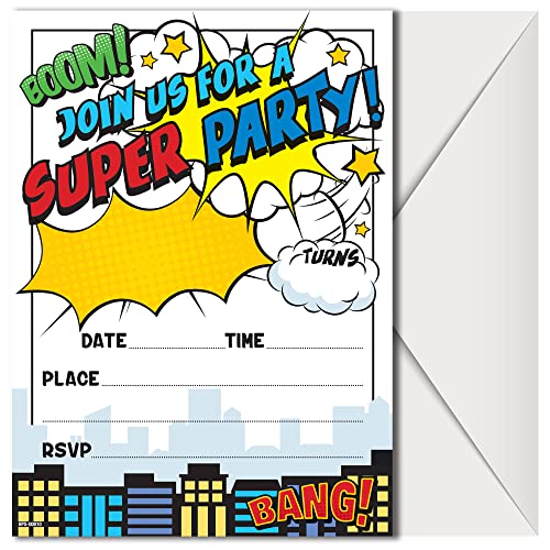 Superhero Birthday Party Invitations with Envelopes - (Pack of 20)