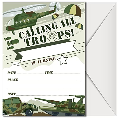 Army Party Invitations with Envelopes - (Pack of 20)