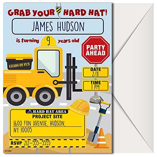 Construction Birthday Party Invitations with Envelopes - (Pack of 20)