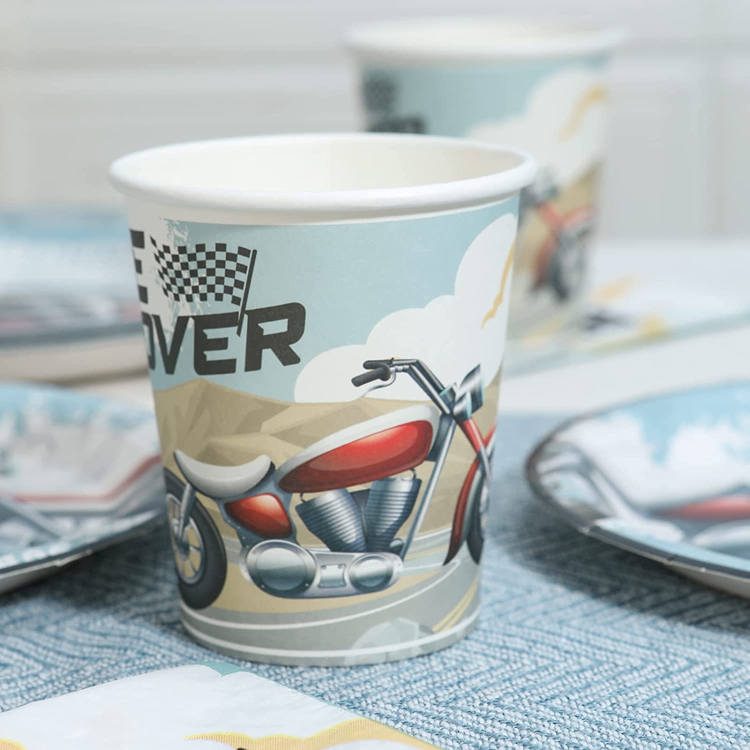 Motorcycle Birthday Plates, Cups and Napkins (Serves 24)