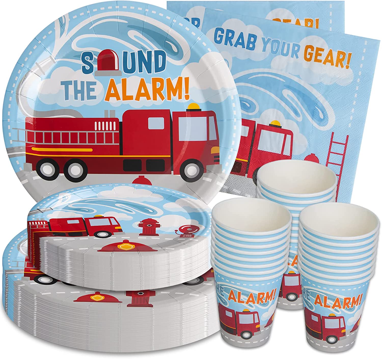 Firetruck Birthday Plates, Cups and Napkins (Serves 24)