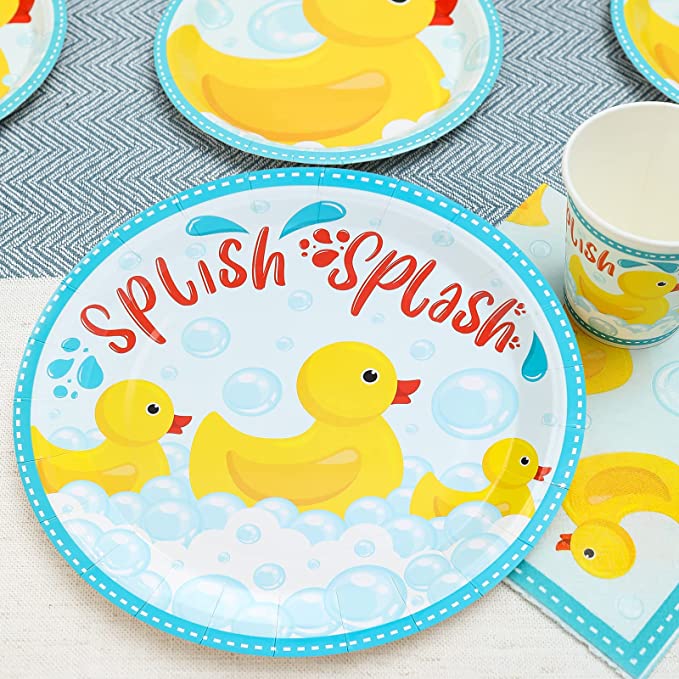 Rubber Duck Birthday and Baby Shower Plates, Cups and Napkins (Serves 24)