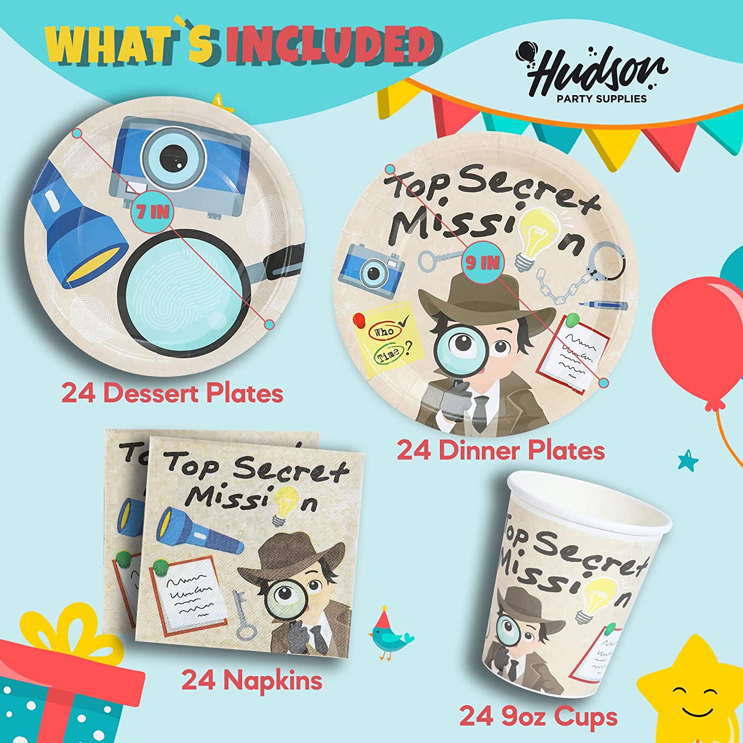 Spy Birthday Plates, Cups and Napkins (Serves 24)