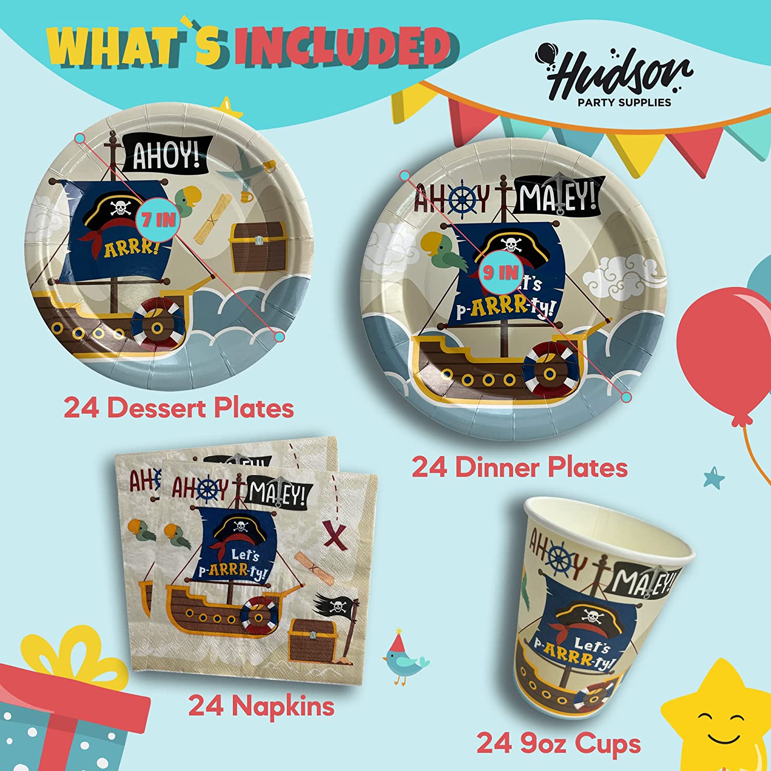 Pirate Birthday Plates, Cups and Napkins (Serves 24)