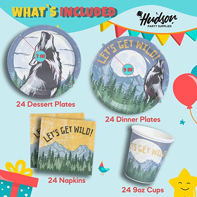 Wolf Birthday Plates, Cups and Napkins (Serves 24)