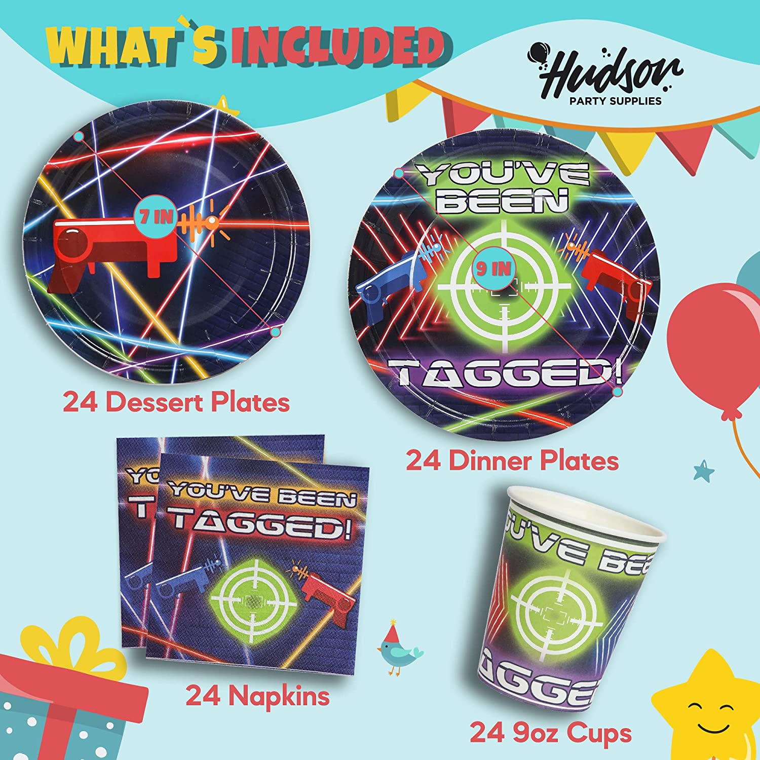 Laser Tag Birthday Plates, Cups and Napkins (Serves 24)