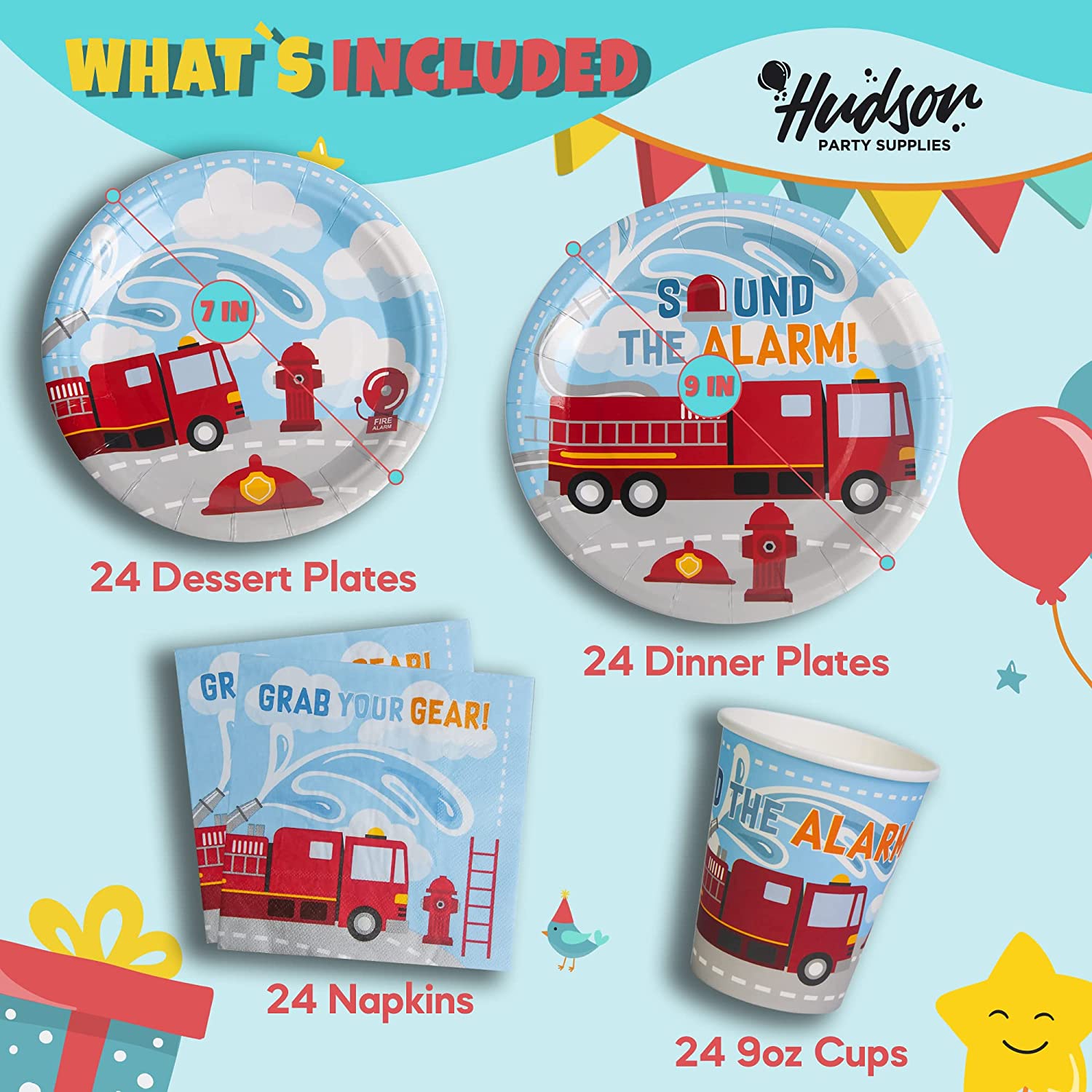 Firetruck Birthday Plates, Cups and Napkins (Serves 24)