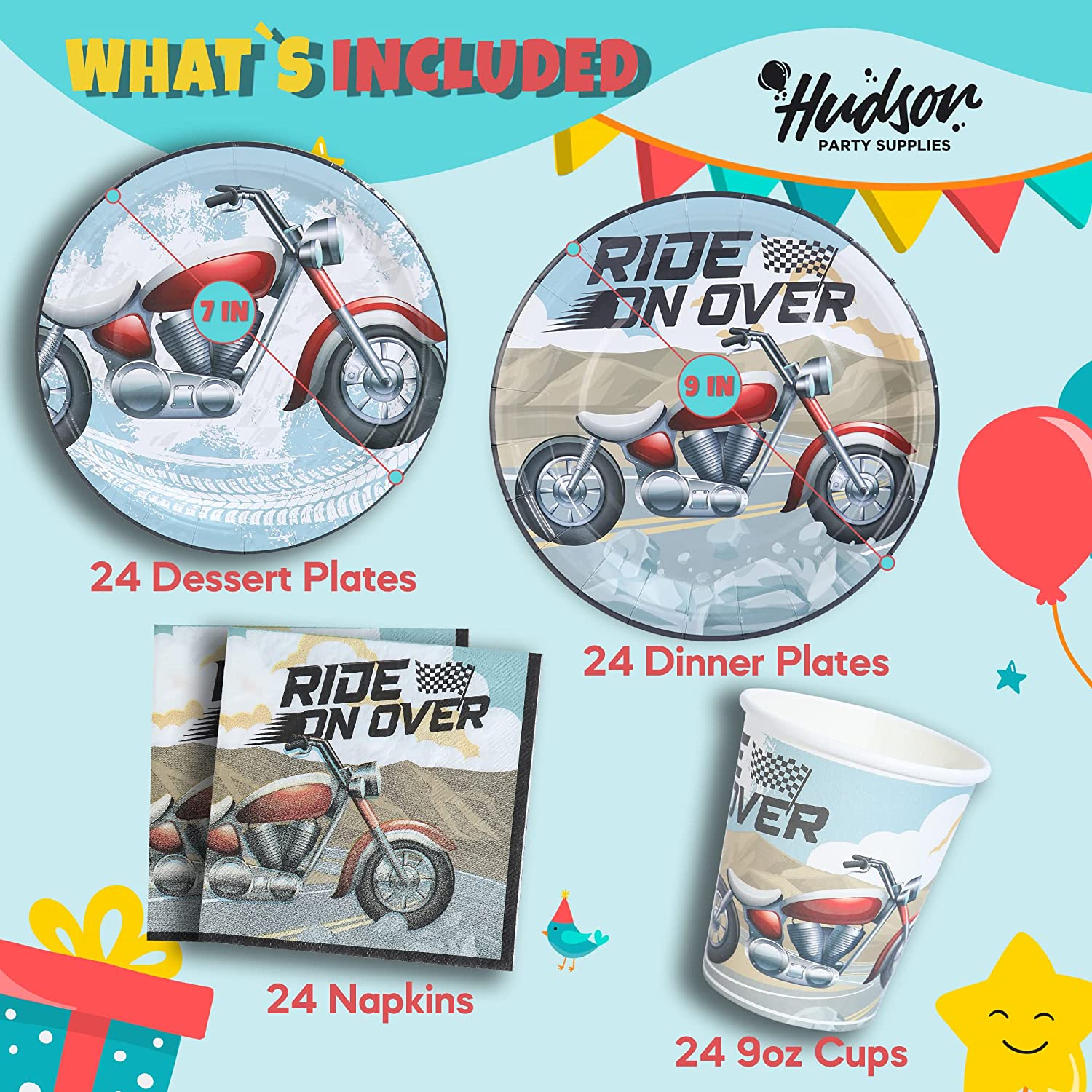 Motorcycle Birthday Plates, Cups and Napkins (Serves 24)