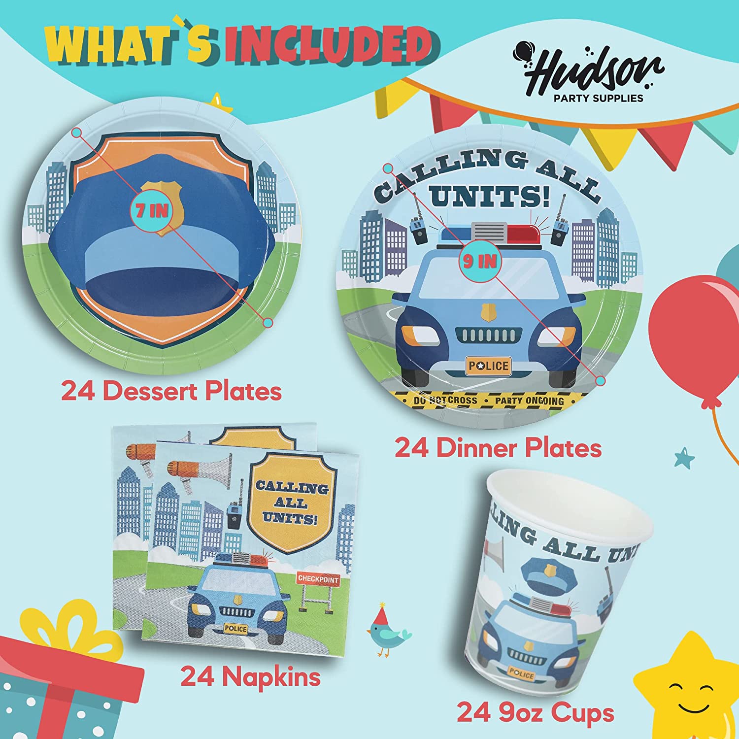 Police Birthday Plates, Cups and Napkins (Serves 24)