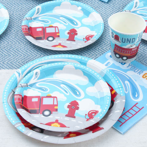 Firetruck Birthday Plates, Cups and Napkins (Serves 24)